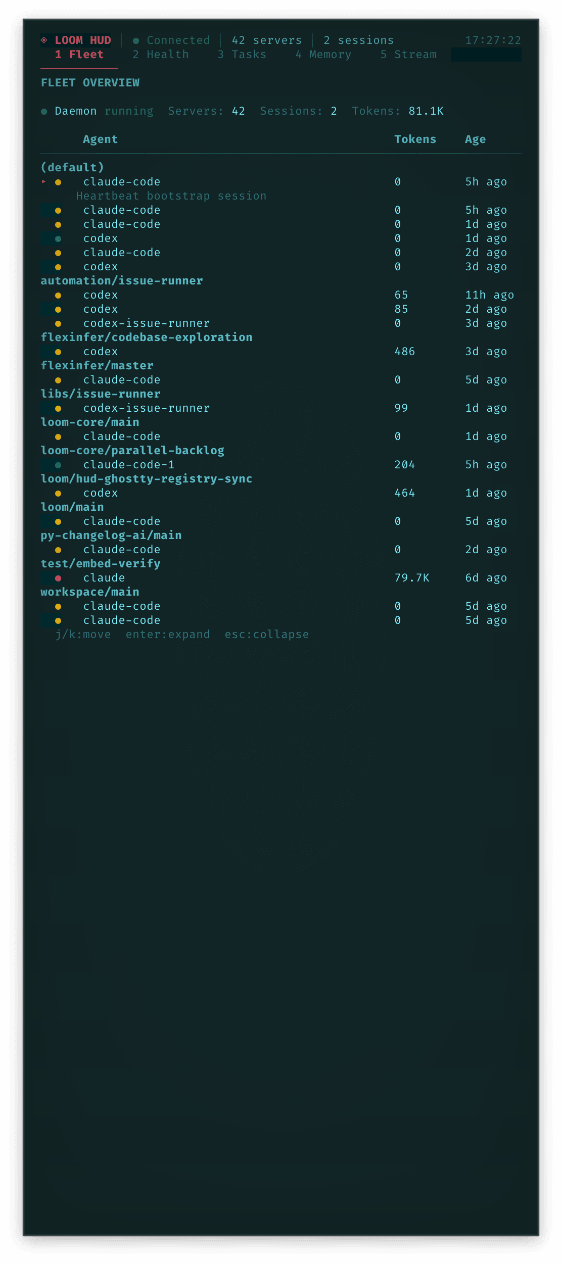 Loom HUD Fleet view listing agent sessions and summary panels.